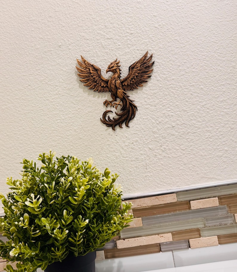 Hand Painted Phoenix Wall Art | Mythical Bird Sculpture | Rising Phoenix Home Decor | Bronze Style Wall Hanging | Fantasy Gift Gold Antique 6 Inches