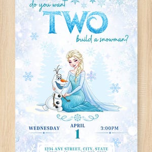 Puede incluir: Una tarjeta de invitación de cumpleaños con un tema invernal azul claro y copos de nieve. Muestra el texto "do you want TWO build a snowman?" y una ilustración de un personaje rubio con vestido azul sentado junto a un muñeco de nieve. Incluye fecha, hora y dirección.