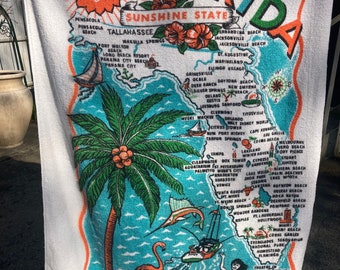 Old Florida Souvenir Map Beach Towel Midcentury