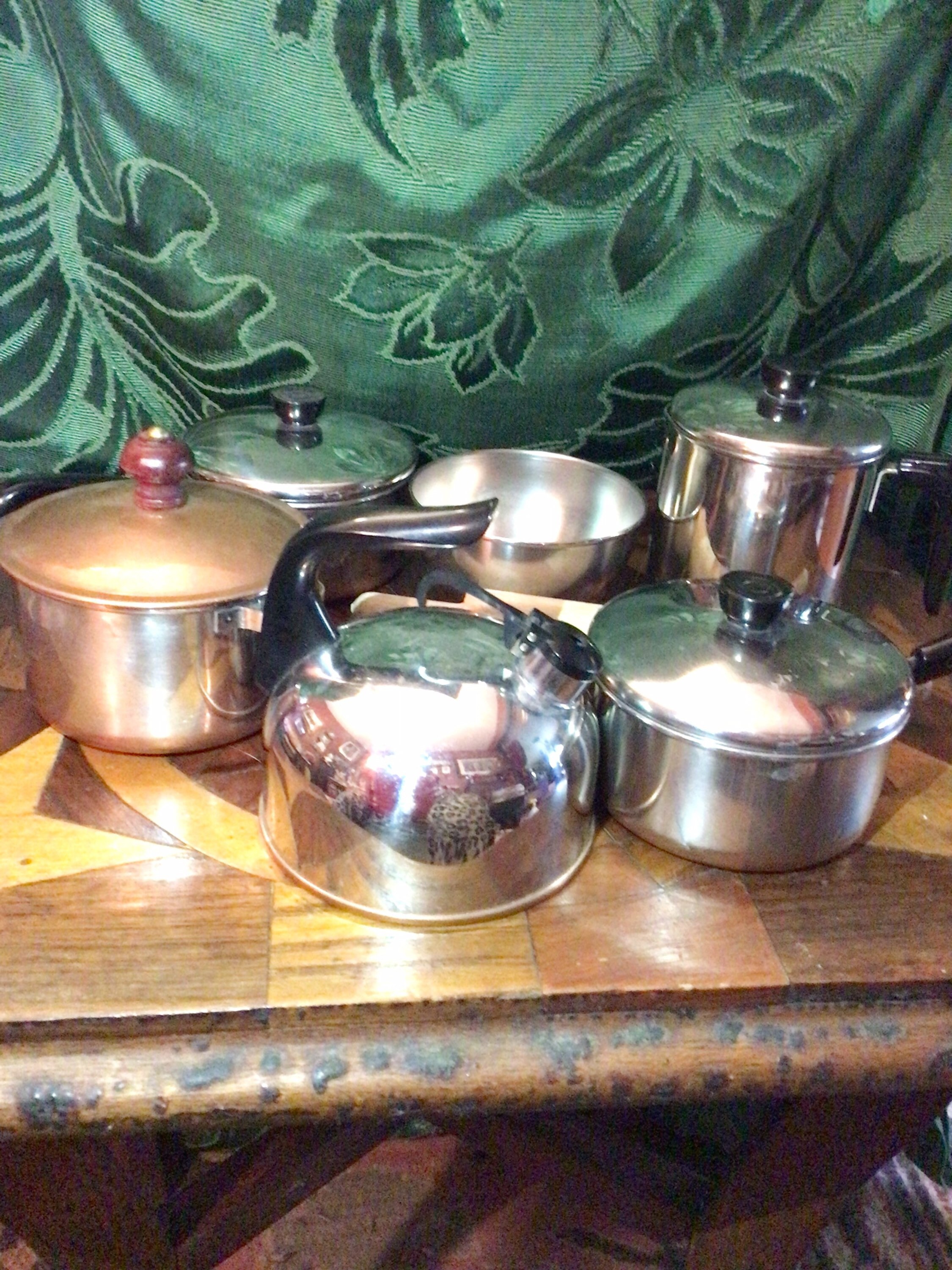 Vintage Revere Ware Copper Bottom Pots Pans Teapot Kitchen Cookware -   Log Cabin Decor