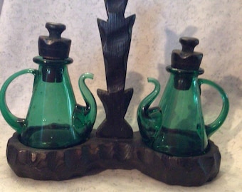 Midcentury Cryptomeria Cruet Set Handblown 1970s