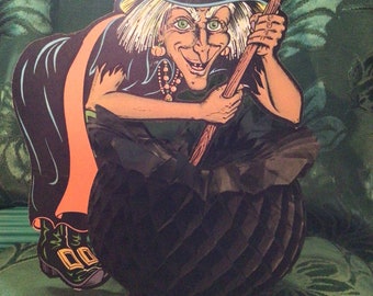 Halloween Vintage 1940s Beistle Honeycomb Witch With Cauldron 12 inch