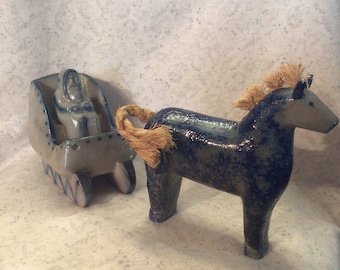 Salt Glazed Santa Claus With Sleigh & Horse by Eldreth Pottery Signed