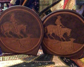Cowboy Bookends With Leather Medallions- Signed !