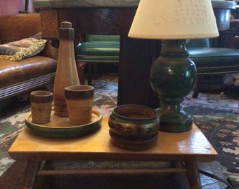 Folk Art Table Set With Working Lamp Hardwood Amazing !