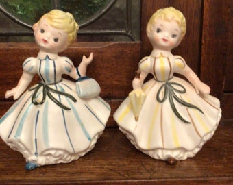 Lefton Japan Set of 2 Twin Girls with Purse & Umbrella