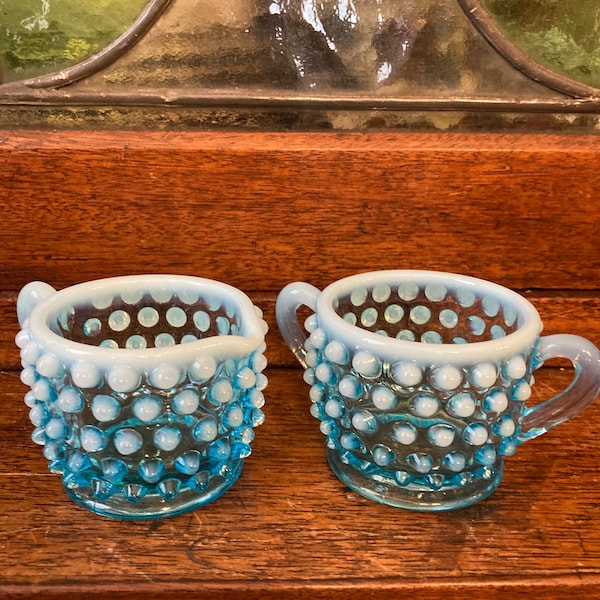 Fenton Turquoise Opalescent Hobnail Cream & Sugar Set