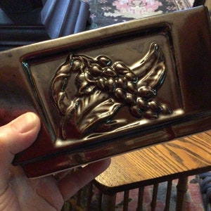 Puede incluir: Un macetero de cerámica marrón oscuro con un diseño en relieve de un racimo de uvas y hojas. El macetero tiene un acabado brillante.