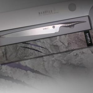 Könnte beinhalten: Ein Edelstahl-Tranchiermesser mit einzigartigem Griffdesign, präsentiert in einer dekorativen Box. Die Box trägt das Wort "REPTILE" und ein strukturiertes, steinartiges Muster. Das Messer ist zum Tranchieren bestimmt.