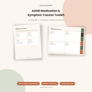 Op de afbeelding: ADHD-medicatie- en symptoomtracker-toolkit als digitaal bestand met twee pagina's voor dagelijkse medicatiecontrole. Eén pagina is een losse weergave, de andere bevat een zijnavigatiebalk met gekleurde tabbladen. Tekst bevat ISALOVEART en website.