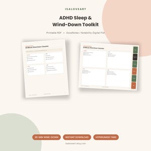 Può includere: Kit digitale ADHD Sleep & Wind-Down con una lista di controllo di 20 minuti per il rilassamento. Il documento include sezioni per igiene, ambiente, corpo e mente, con una versione in orizzontale dotata di schede laterali ipercollegate.
