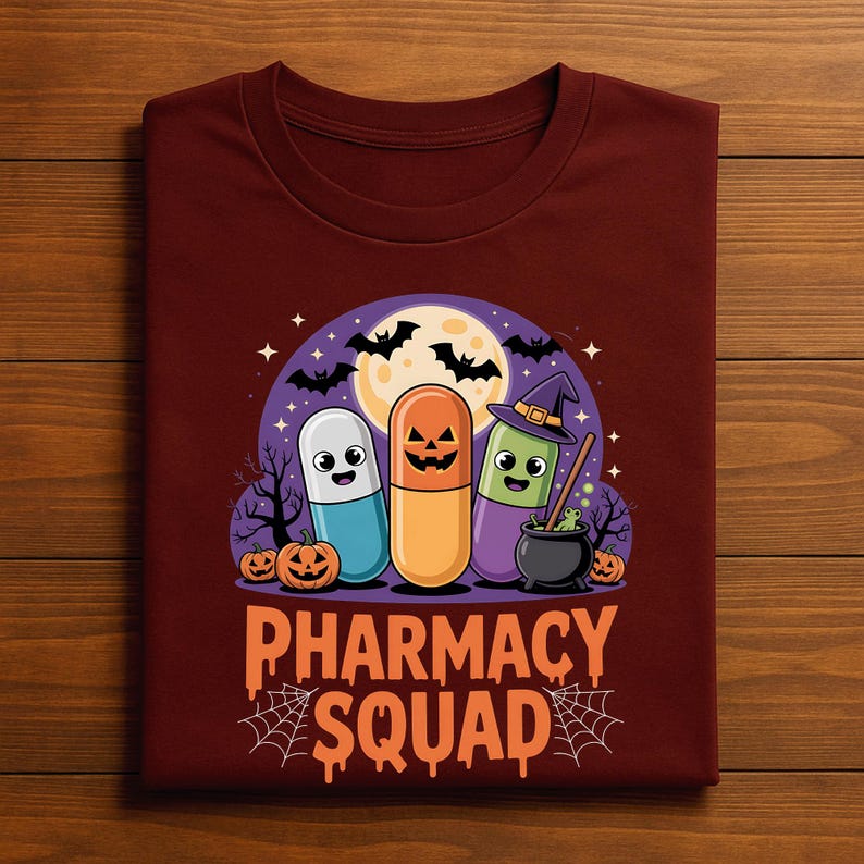 May include: Burgundy crew neck t-shirt featuring a Halloween-themed graphic. The design includes three cartoon capsules, a full moon, bats, and the words "PHARMACY SQUAD" in orange. The capsules are colored blue, orange, and purple.