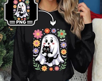Cute Halloween Ghost Cat PNG, Black Cat Clipart, Floral Spooky Ghost Design, Cat Halloween Digital Download
