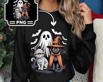 Halloween Cat PNG, Witch Cat Clipart, Mummy Cat Spooky Design, Black Cat Ghost Costume, Cat Halloween Digital Download