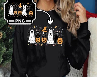 Cute Halloween Cat PNG, Ghost Cat with Pumpkin Clipart, Funny Spooky Cat Costume Design, Cat Halloween Digital Download