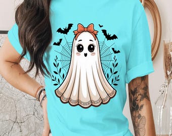 Fantasma Kawaii PNG, Fantasma fofo de Halloween com clipart de laço laranja, Design de fantasma adorável assustador, designs de fantasma png