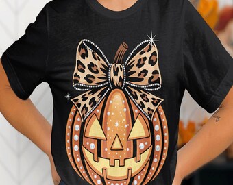 Leopard Print Pumpkin Halloween PNG, Glitter Bow Jack O Lantern, Trendy Fall Pumpkin Shirt Design, Cute Sparkly Halloween Digital Download