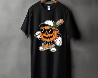 May include: Black t-shirt featuring a cartoon pumpkin character wearing sunglasses, a baseball cap, and sneakers, holding a baseball bat and a baseball. The pumpkin has a carved jack-o'-lantern face. The design is perfect for Halloween or baseball fans.