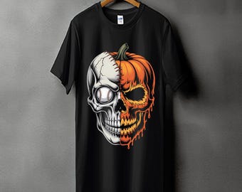 May include: Black t-shirt featuring a graphic design of a skull split in half, with one side a baseball and the other a pumpkin. The baseball side is white and the pumpkin side is orange with a green stem. The design is centered on the shirt.