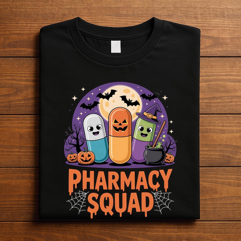 May include: Black t-shirt featuring a Halloween-themed graphic. The design includes three cartoon capsules, one blue, one orange, and one purple, with jack-o'-lantern faces. The text "PHARMACY SQUAD" is displayed below the capsules, with bats and a full moon in the background.