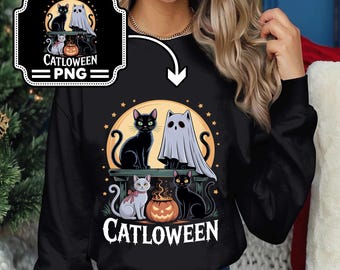 Halloween Catloween PNG, Black Cat Ghost Costume Clipart, Pumpkin Cat Design, Halloween Cat Digital Download