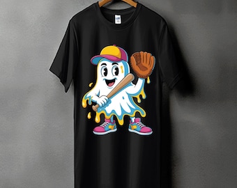 May include: Black t-shirt with a cartoon ghost character wearing a baseball cap and glove, holding a bat. The ghost is white with yellow, blue, and pink accents. The design is centered on the shirt.