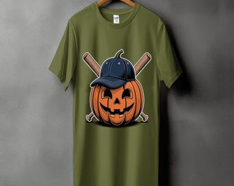 May include: Olive green t-shirt featuring a cartoon pumpkin wearing a navy blue baseball cap and crossed baseball bats. The pumpkin has a carved jack-o'-lantern face. A fun Halloween or sports-themed graphic tee.