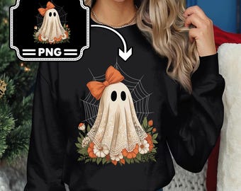 Ghost with Orange Bow PNG, Cute Halloween Ghost Clipart, Spooky Floral Lace Ghost Digital, ghost png designs