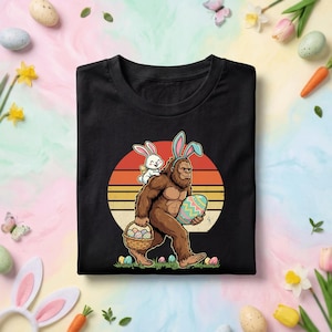 Funny Bigfoot Easter Bunny PNG, Sasquatch Carrying Easter Eggs with Bunny Ears, Vintage Easter Sasquatch Sublimation Design
