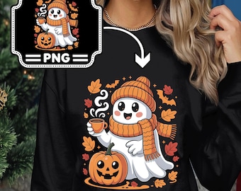 Ghost Drinking Coffee PNG, Halloween Cute Ghost Coffee PNG, Stay Spooky Digital Download, Trendy Ghost Sublimation Art, Coffee Halloween