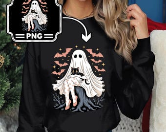 Spooky Girl Ghost Cat PNG, Halloween Black Cat Clipart, Witchy Ghost Holding Cat, Halloween Cat Digital Download