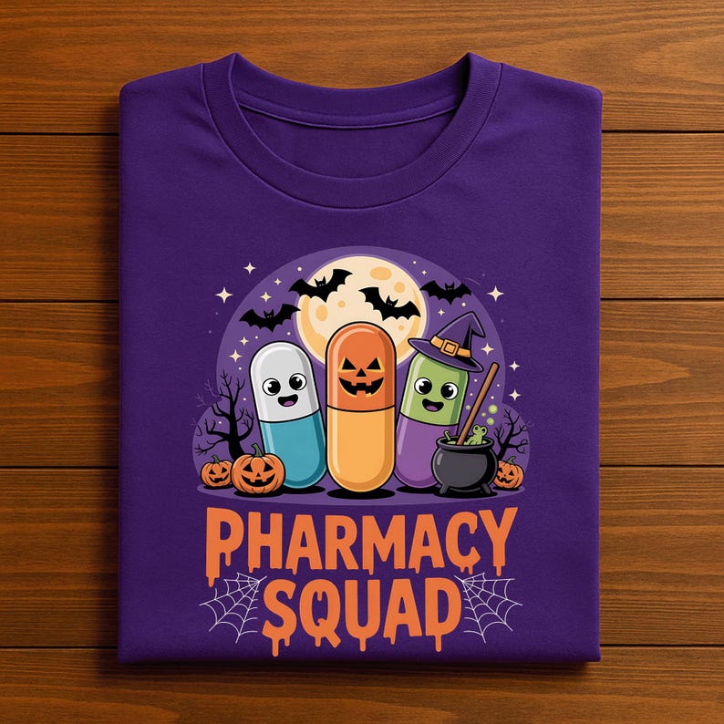 May include: A purple t-shirt featuring a Halloween-themed design. The graphic includes three cartoon capsules with jack-o'-lantern faces, bats, a full moon, and the words "PHARMACY SQUAD" in orange. The design is set against a spooky night scene.