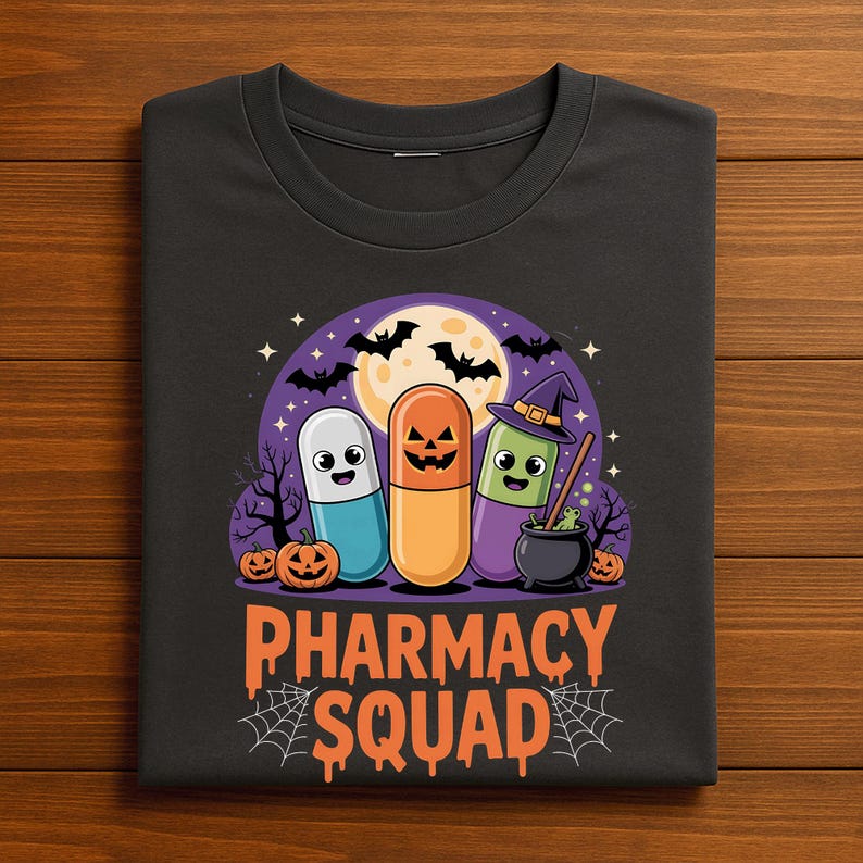 May include: Black t-shirt featuring a Halloween-themed graphic. The design includes three cartoon capsules with jack-o'-lantern faces, a witch's hat, bats, a full moon, and the words "PHARMACY SQUAD" in orange.