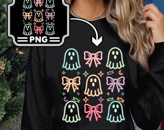 Kleurrijke spoken en strikken png, kawaii halloween spook clipart, schattige griezelige digitale download, neon spookbundel png-ontwerp
