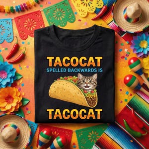 Tacocat escrito al revés es Tacocat PNG, divertido diseño de meme de gato taco con un lindo gato en una concha de taco, sublimación para amantes de los tacos