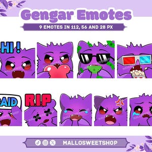 Op de afbeelding: Een digitale kunstafbeelding met negen paarse Gengar emotes met verschillende uitdrukkingen, waaronder "Hi!", een hart vasthoudend, een zonnebril dragend en popcorn etend. Tekst bovenaan luidt "Gengar Emotes". De tekst onderaan zegt "MALLOSWEETSHOP".