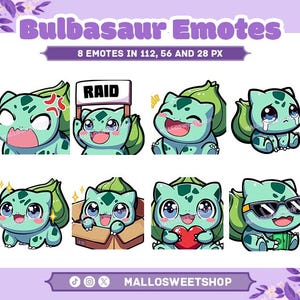 May include: A digital art graphic featuring eight Bulbasaur emotes in various expressions. The emotes are in shades of green and blue, with some holding props like a sign that says "RAID" or a red heart. The text "Bulbasaur Emotes" is at the top.