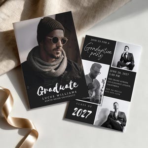 Könnte beinhalten: Ein Einladungsset für eine Abschlussfeier mit Schwarz-Weiß-Fotos eines Absolventen mit Mütze und Sonnenbrille. Der Text enthält "Graduate", "Lucus Williams", "North Heigh University", "Join us for a Graduation party", "June 20, 2027" und "Class of 2027".