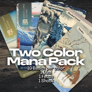 May include: A Two Color Mana Pack featuring various card designs with Japanese-inspired artwork. The cards include "Plains", "Island", "Hallowed Fountain", "Flooded Strand", and "Tundra". The text "Two Color Mana Pack" is prominently displayed.