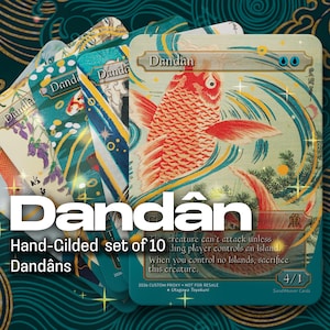 May include: A hand-gilded set of 10 Dandân cards. Each card features a unique design, including a red koi fish illustration. The cards have Japanese-inspired art and text, with the word "Dandân" prominently displayed.