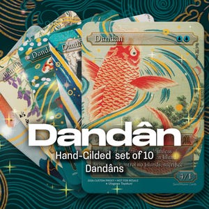 May include: A set of ten hand-gilded Dandân cards. The cards feature a red koi fish design with Japanese-inspired artwork. The text "Dandân" is prominently displayed, along with other text. The background is a teal color with a swirling pattern.