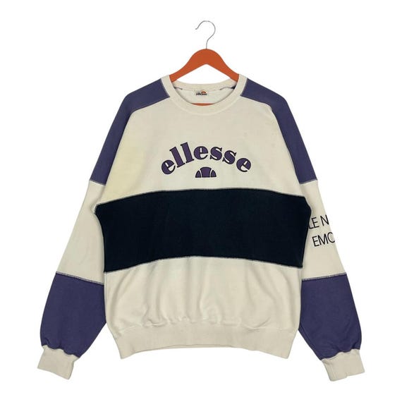 Ellesse, Vintage Ellesse Color Block Sweatshirt Large 90s Crewneck Pullover White Navy Purple Embroidered Logo Italian Streetwear Size M