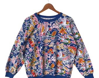 Vintage Ken Done Australia Overprint Art Style Pullover Baggy Crewneck Sweatshirt