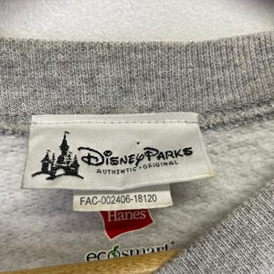 May include: Close-up of a grey sweatshirt label with the text "Disney Parks AUTHENTIC * ORIGINAL". Below the label is a red "Hanes" tag and the "eco smart" logo. The label also has the code "FAC-002406-18120".