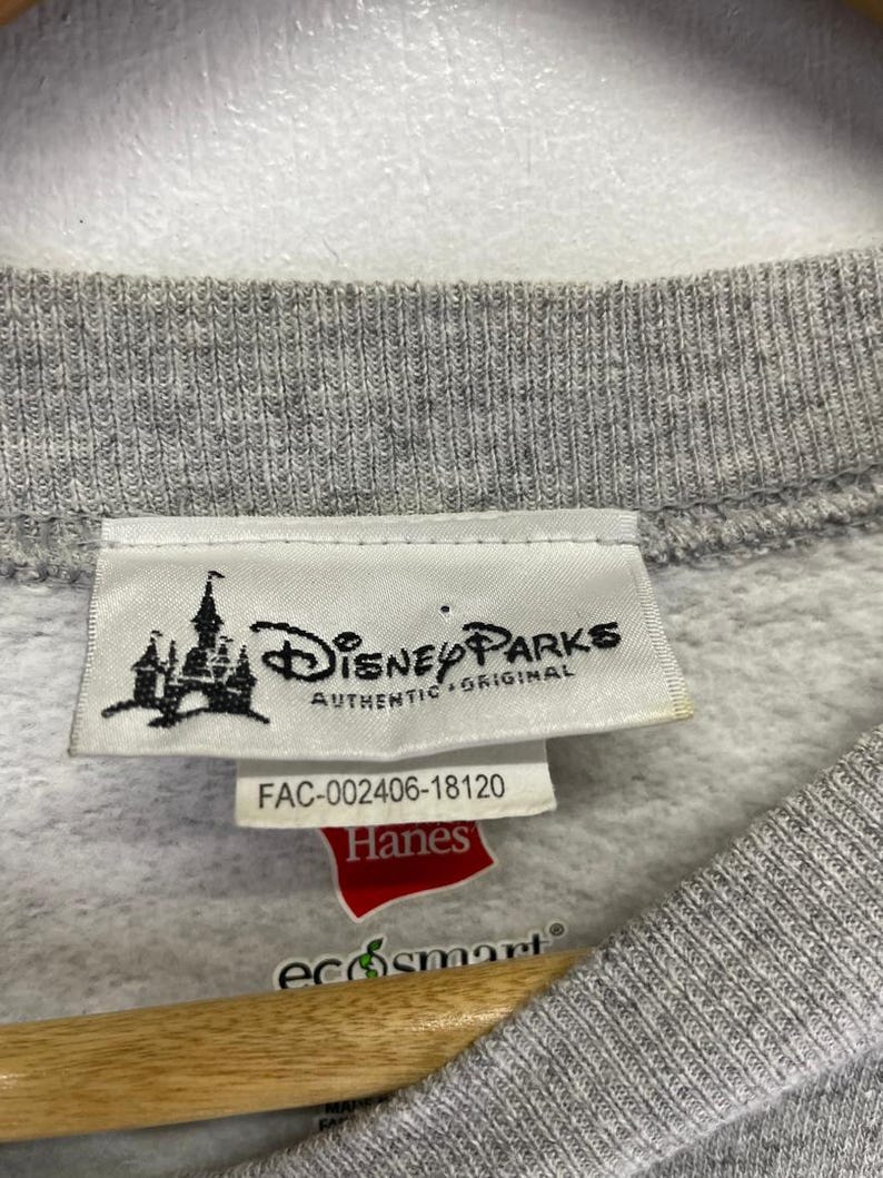 May include: Close-up of a grey sweatshirt label with the text "Disney Parks AUTHENTIC * ORIGINAL". Below the label is a red "Hanes" tag and the "eco smart" logo. The label also has the code "FAC-002406-18120".