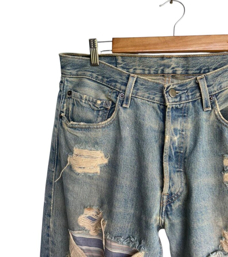 Price Drop!!Distressed Denim – Heavy Ripped Grunge Jeans – Patched Knee Repair Jean – Streetwear Y2K Style Pants – Faded Wash Straight Fi image 7