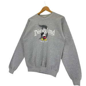 May include: A grey sweatshirt featuring the Disneyland Resort logo, Mickey Mouse, and the text "SINCE 1955." The long-sleeved top is suspended from a wooden hanger.