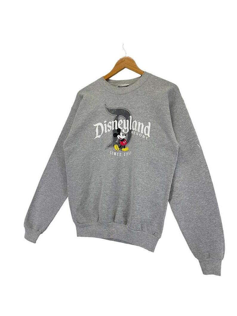 May include: A grey sweatshirt featuring the Disneyland Resort logo, Mickey Mouse, and the text "SINCE 1955." The long-sleeved top is suspended from a wooden hanger.
