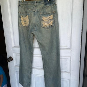 Price Drop!!Distressed Denim – Heavy Ripped Grunge Jeans – Patched Knee Repair Jean – Streetwear Y2K Style Pants – Faded Wash Straight Fi image 9