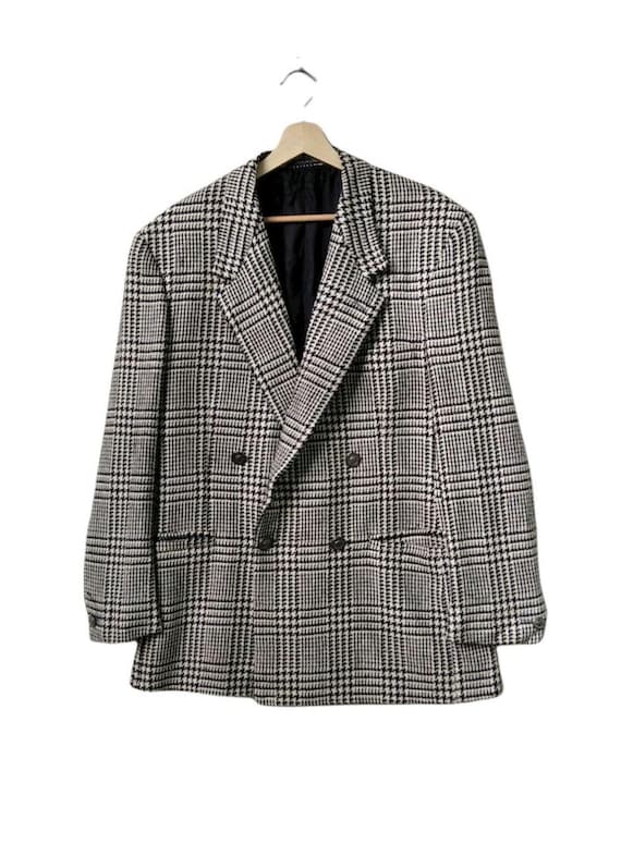 Versace, Vintage Gianni Versace Couture Double Breasted Blazer|Glen Plaid Check Wool Jacket Houndstooth Monochrome Medusa Button Detail Made In Italy